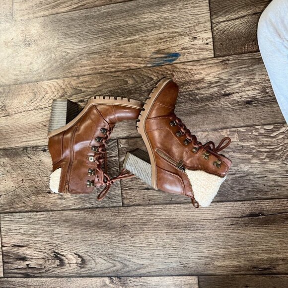 Women's Ankle Boots Brown Faux Leather Sherpa Tall Thick Heel Booties Size 7 - Picture 6 of 13